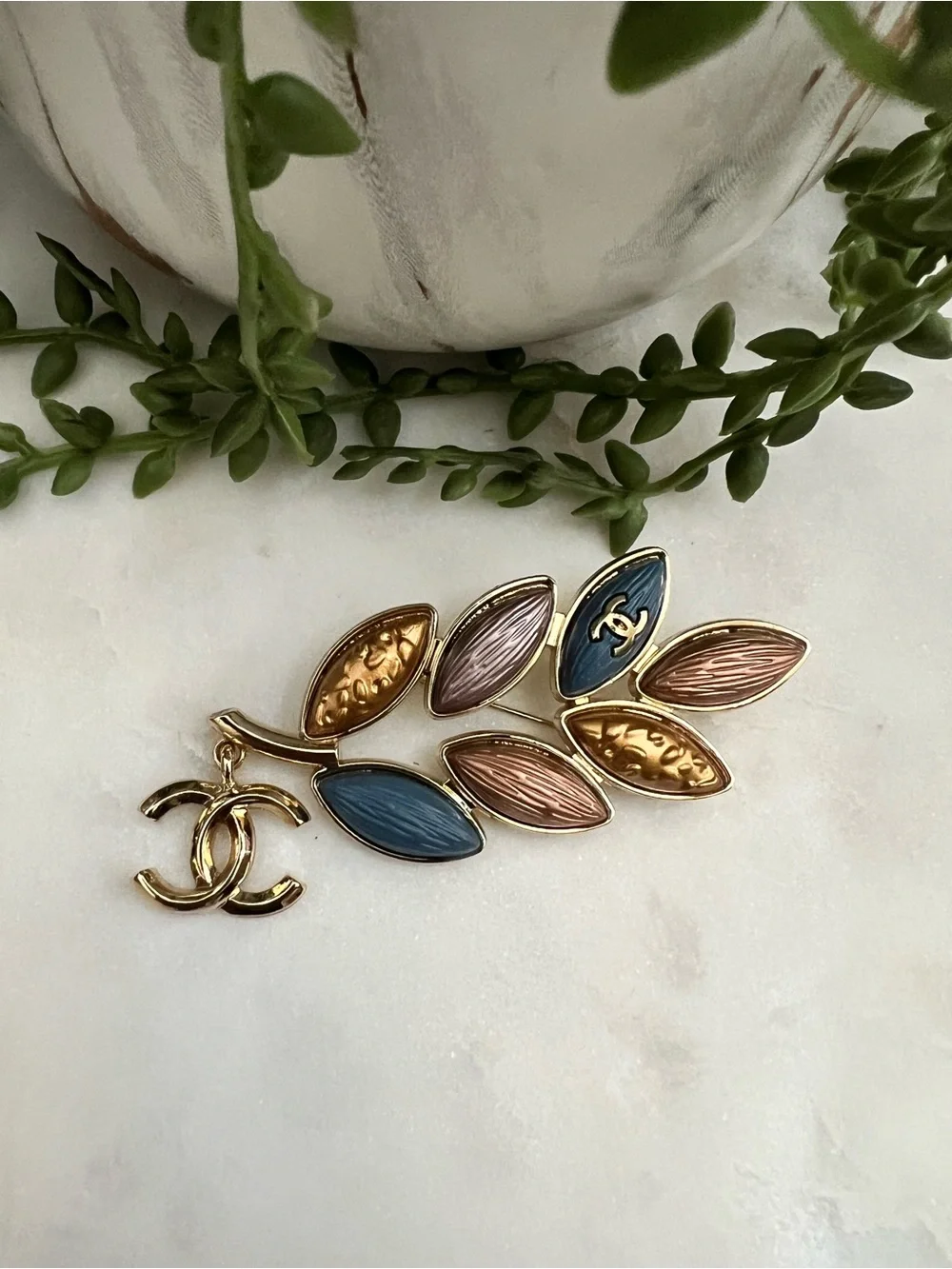 CHANEL Gold-Tone Leaf Brooch with Blue, Pink & Gold Enamel